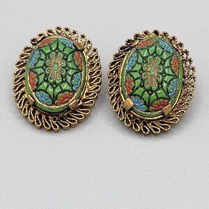 Moroccan Matrix Domed Clip On Earrings Molded Enamel Filigree Frame Vintage